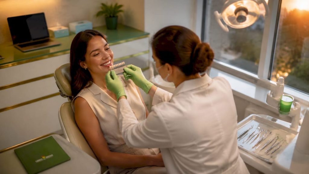 O pacientă fericită își arată zâmbetul după consultația la stomatolog, alături de medicul dentist.