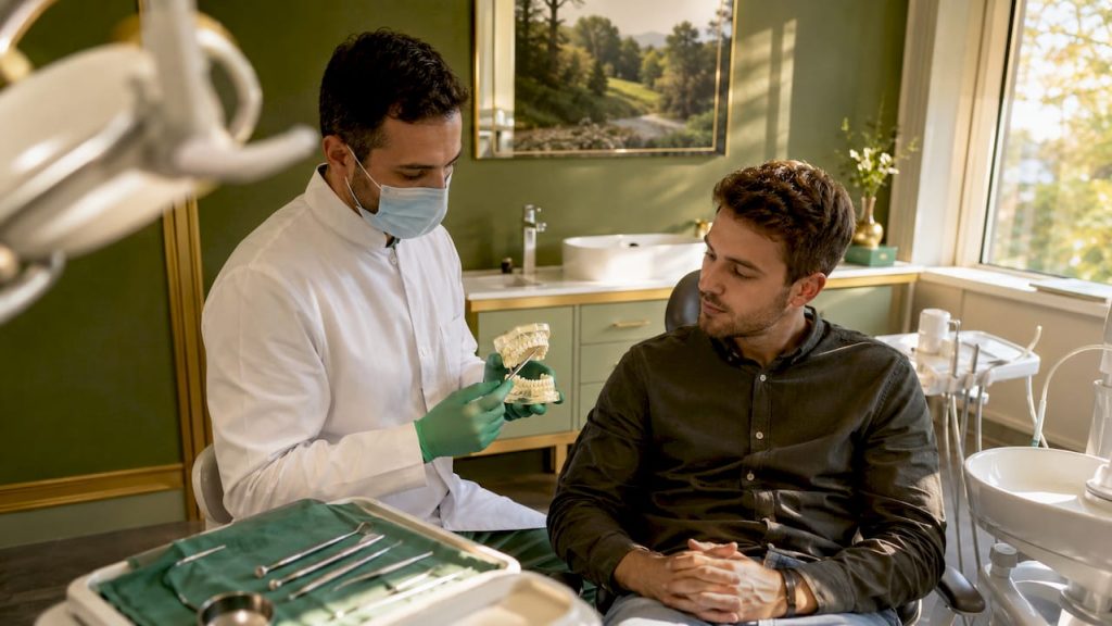 Medicul stomatolog îi explică pacientului pas cu pas cum va decurge procedura de implant dentar.