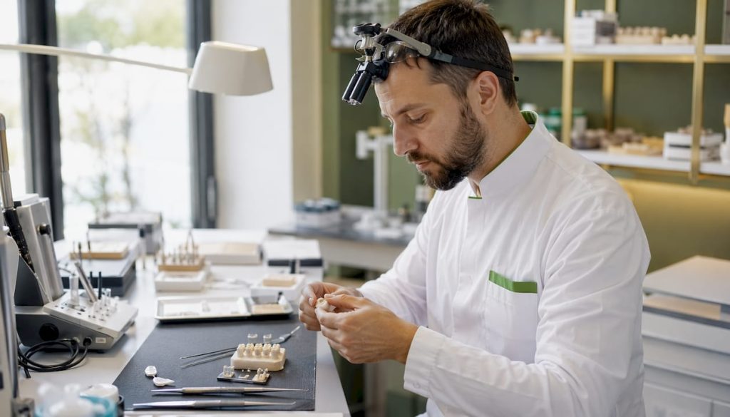 Tehnicianul dentar analizează nuanțele de zirconiu pentru realizarea unei coroane dentare, alegând culoarea potrivită pentru ca rezultatul să fie cât mai natural.