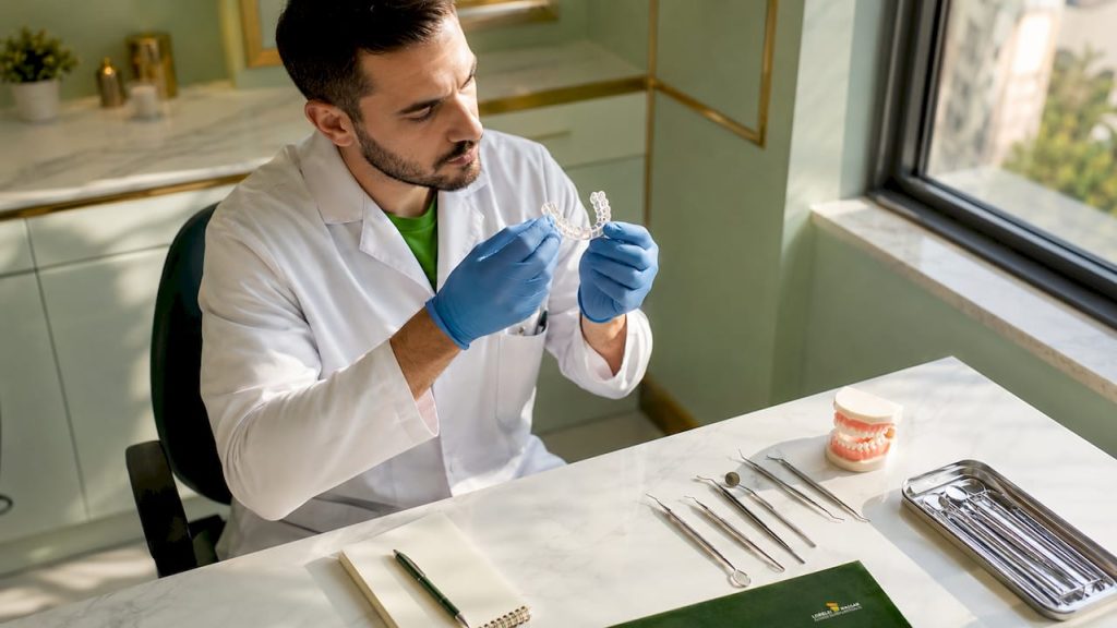 Un specialist stomatolog examinează cu atenție o gutieră Invisalign.