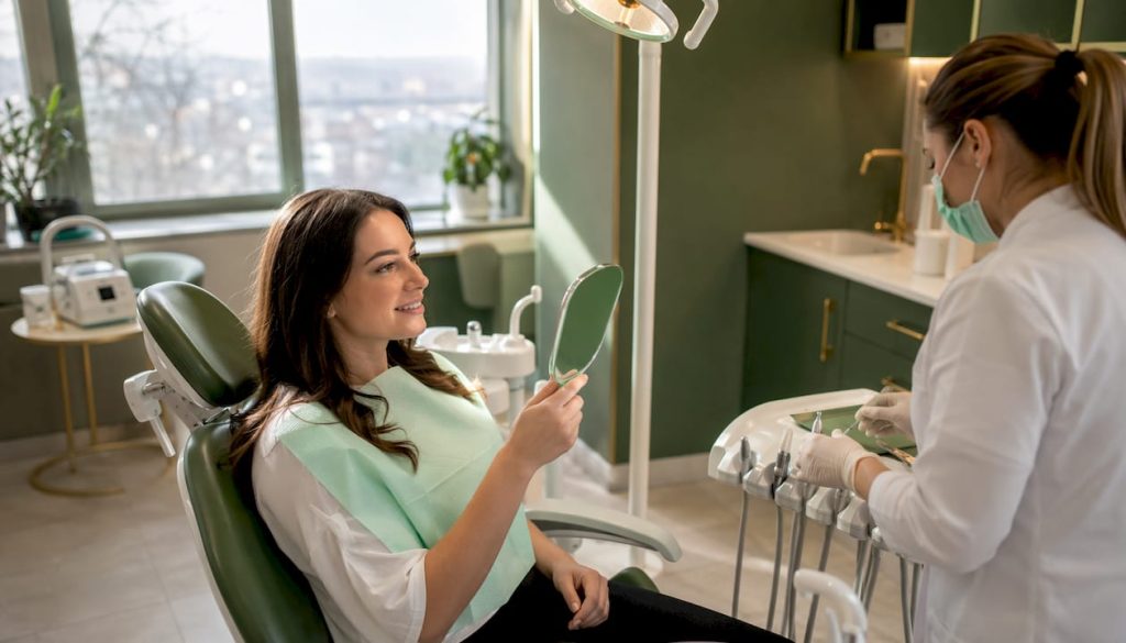 Pacientă care tocmai a încheiat o consultație la dentist pentru îndepărtarea tartrului