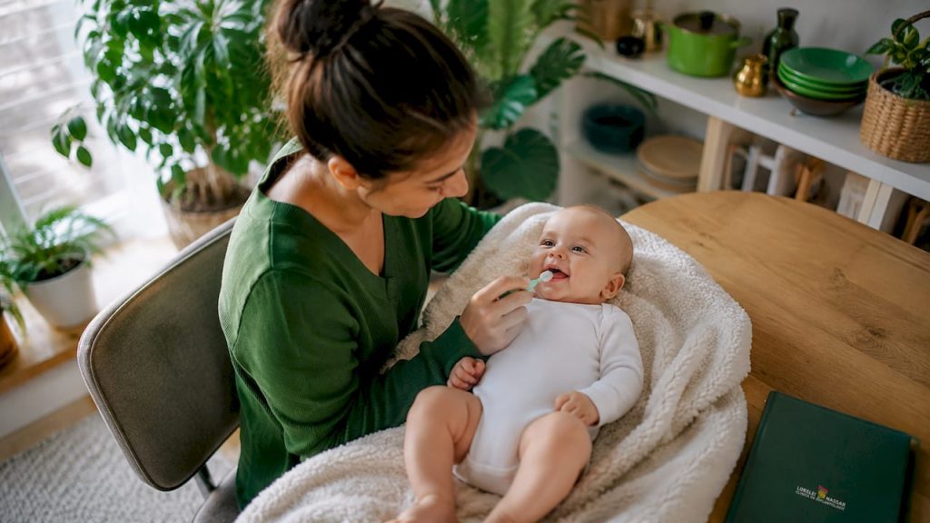 Mama îi șterge gingiile bebelușului cu grijă, folosind mișcări blânde.