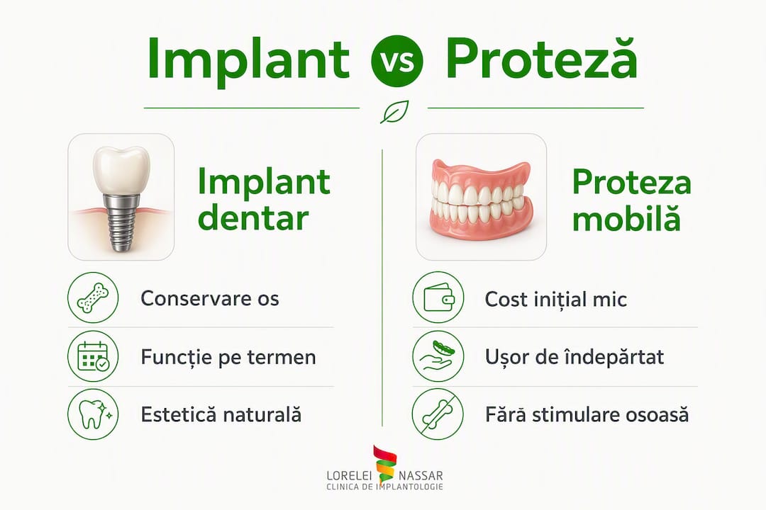 Implant dentar sau proteză mobilă? Vezi comparația în infografic