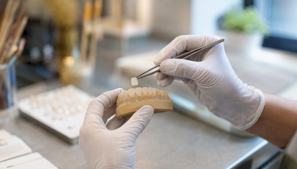 Aplicarea unei fațete dentare ceramice pe un model, realizată cu atenție de către medicul stomatolog.