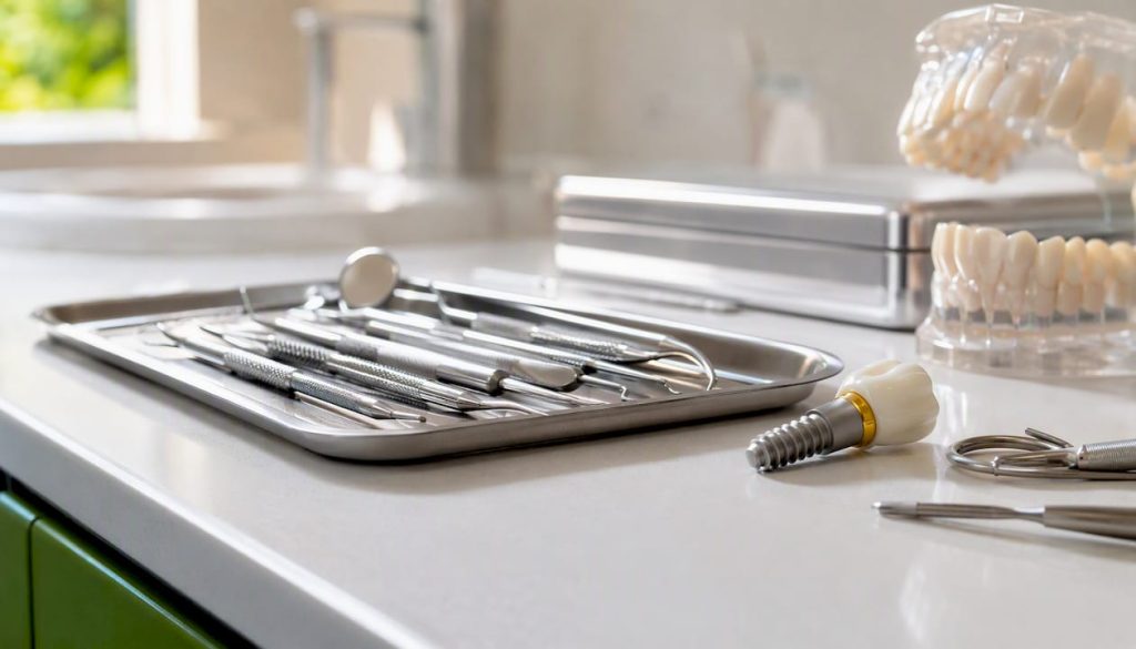 Implantul dentar steril și instrumentele pregătite pe masă, gata de intervenție