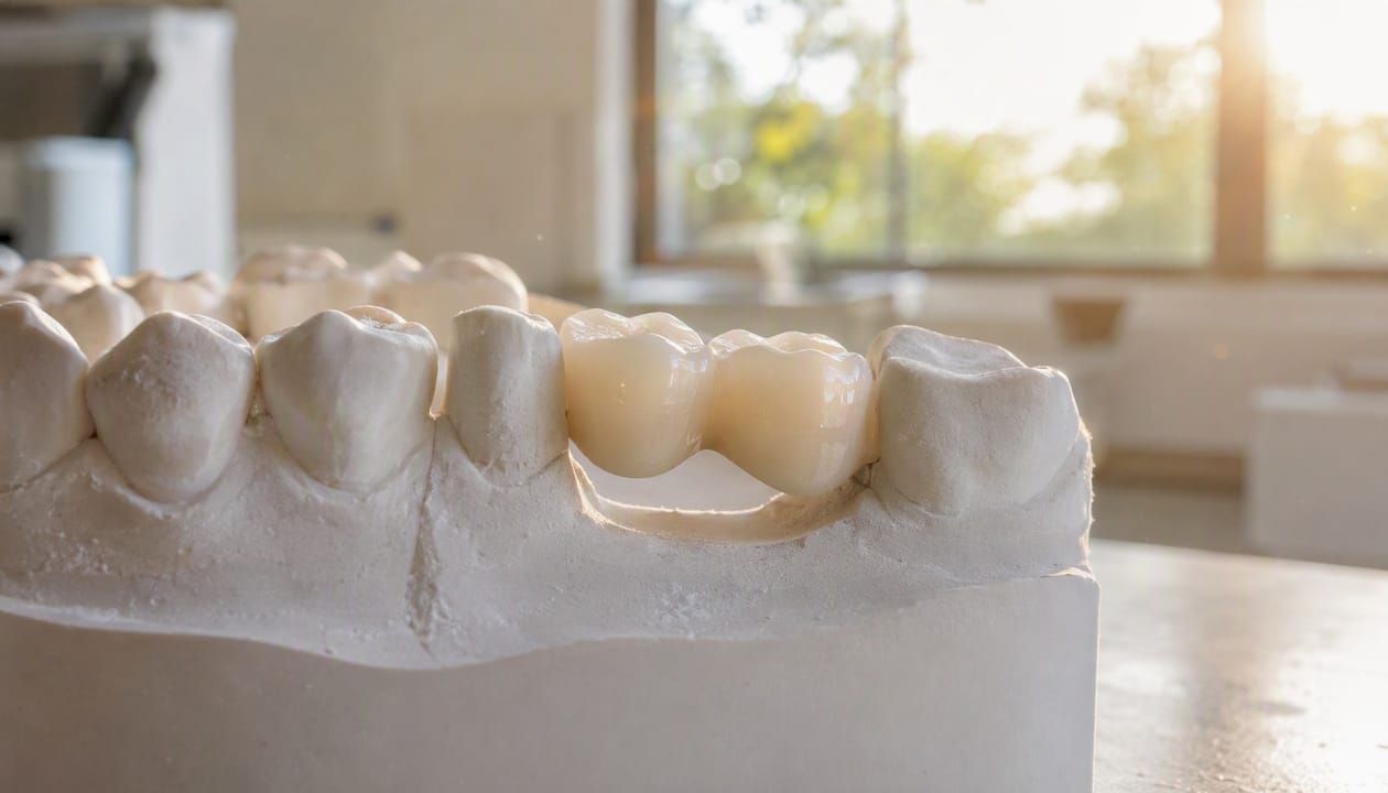 Prețul punților dentare în România: ghid complet 2026 1 Punte dentară din zirconiu montată pe un model stomatologic