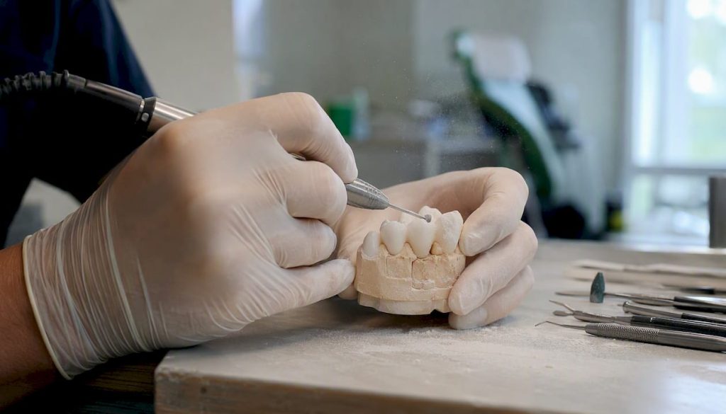 Mâini care pregătesc atent o punte dentară din zirconiu, surprinse în prim-plan
