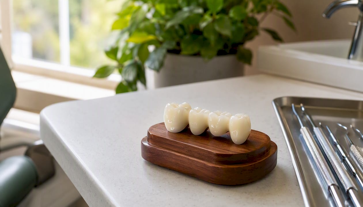 Cât costă reabilitarea orală completă în România: ghid de prețuri 3 Imagine de aproape cu punte dentară din zirconiu, așezată pe suprafață