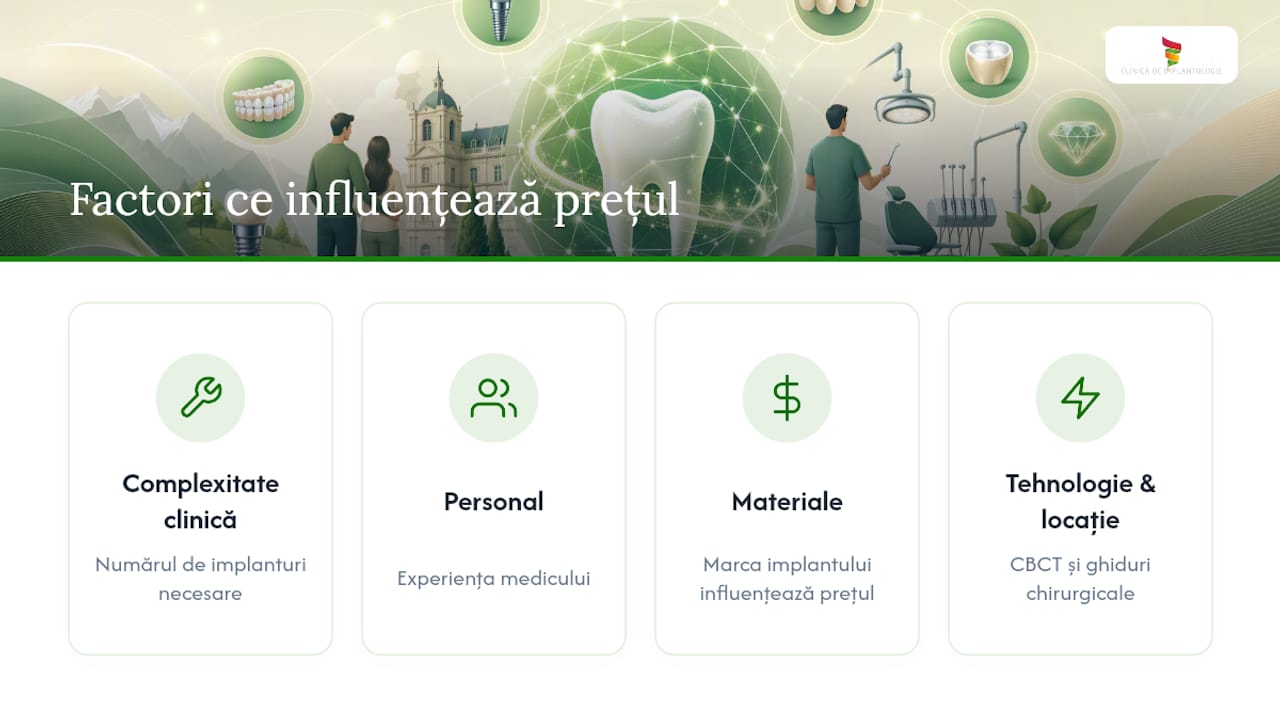 Cât costă reabilitarea orală completă în România: ghid de prețuri 1 Factorii care influențează costul implanturilor dentare – prezentare grafică