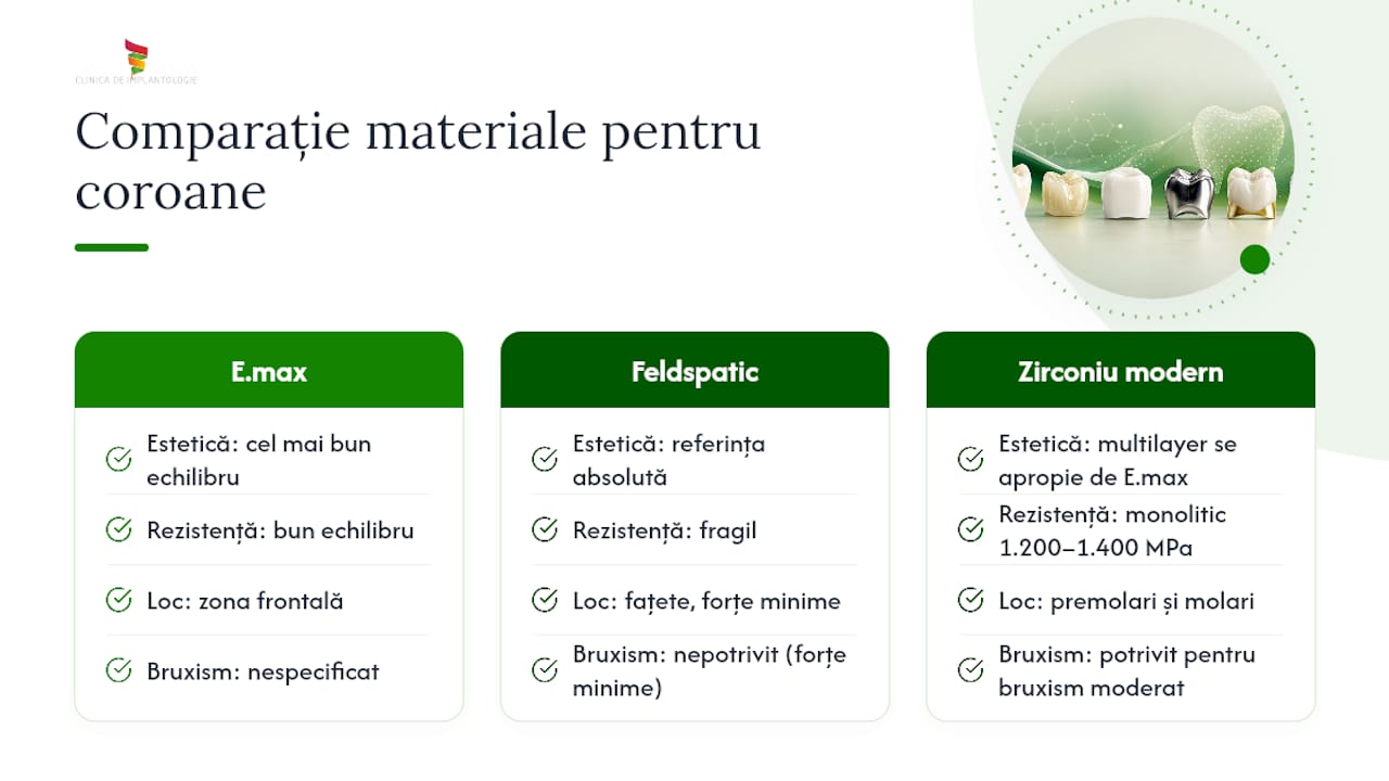 Coroană ceramică integrală: ghid complet pentru pacienți 1 Tabel comparativ al materialelor folosite pentru coroanele dentare ceramice