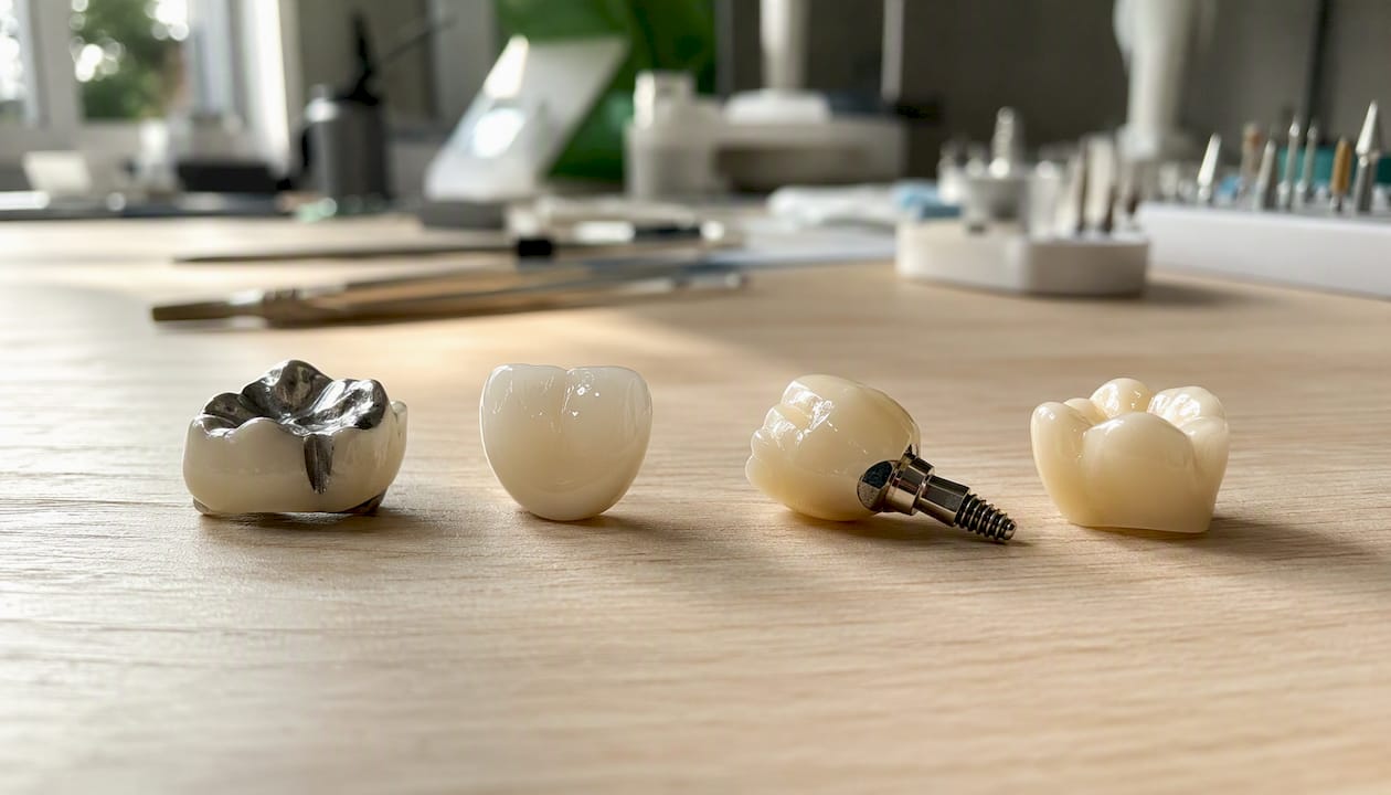 Patru tipuri de materiale pentru coroane dentare sunt prezentate pe masă.