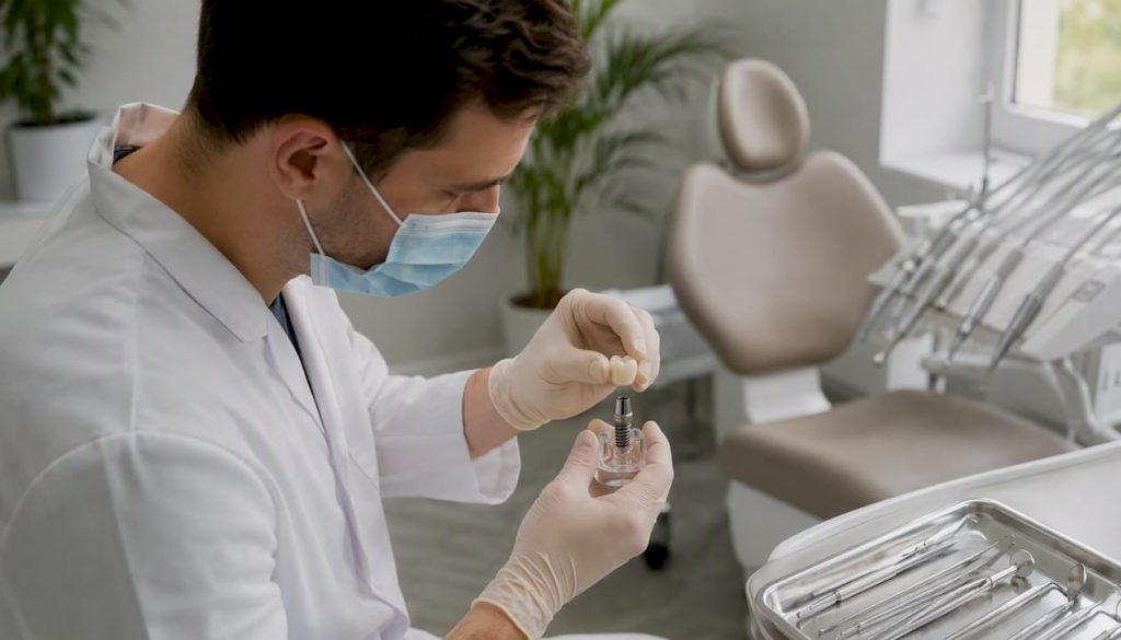 Detaliu din cabinet: medicul stomatolog montează o coroană dentară pe un implant