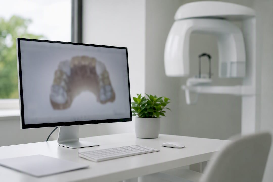 Aparat modern pentru scanare dentară 3D și tomografie computerizată cu fascicul conic (CBCT), ideal pentru diagnostic precis și planificare eficientă a tratamentului stomatologic.