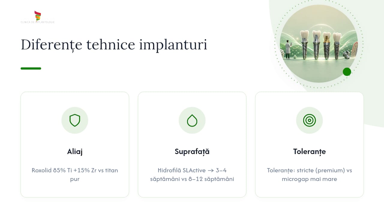 Tabel comparativ între caracteristicile implanturilor premium și cele economice