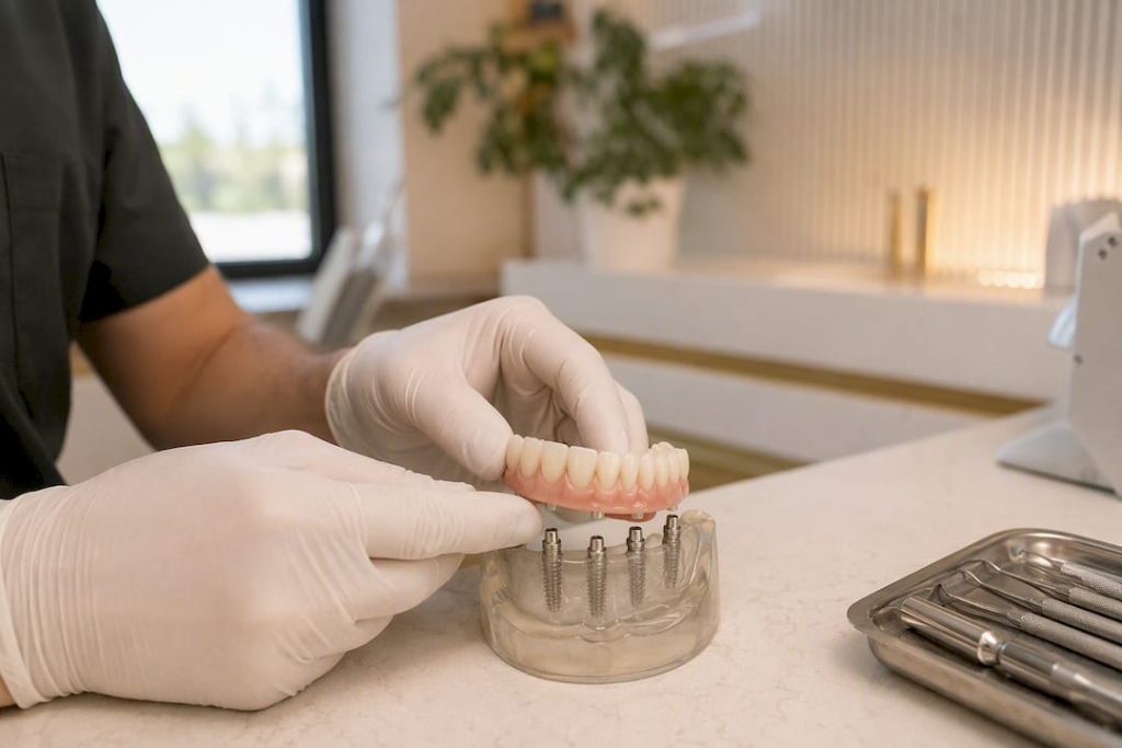 Prim-plan cu proteză dentară fixă pe implanturi