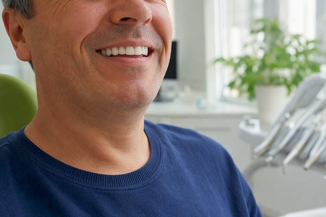 Pacient zâmbind cu proteză dentară fixă