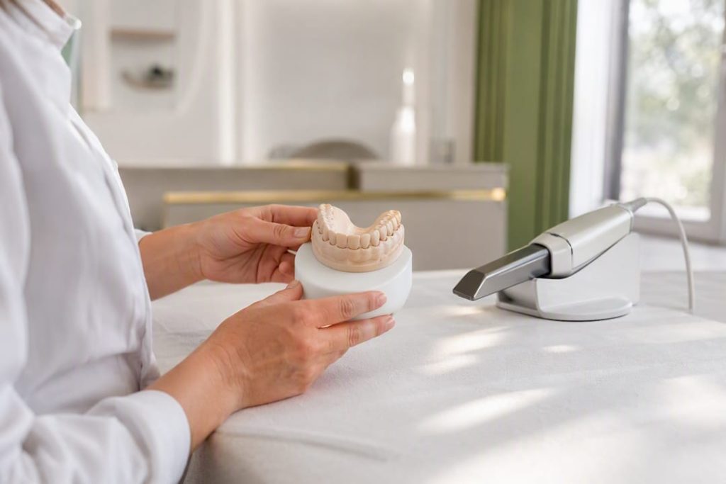 Mâini ținând un mock-up dentar 3D lângă scanner