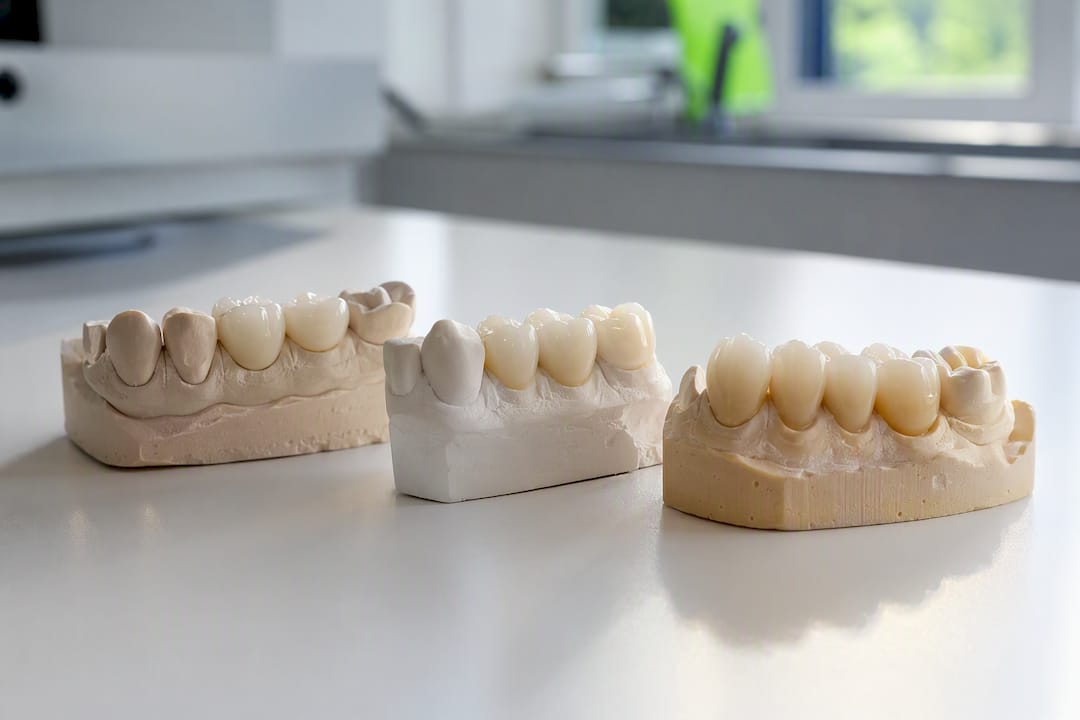 Prim-plan cu mostre de materiale ceramice pentru coroane