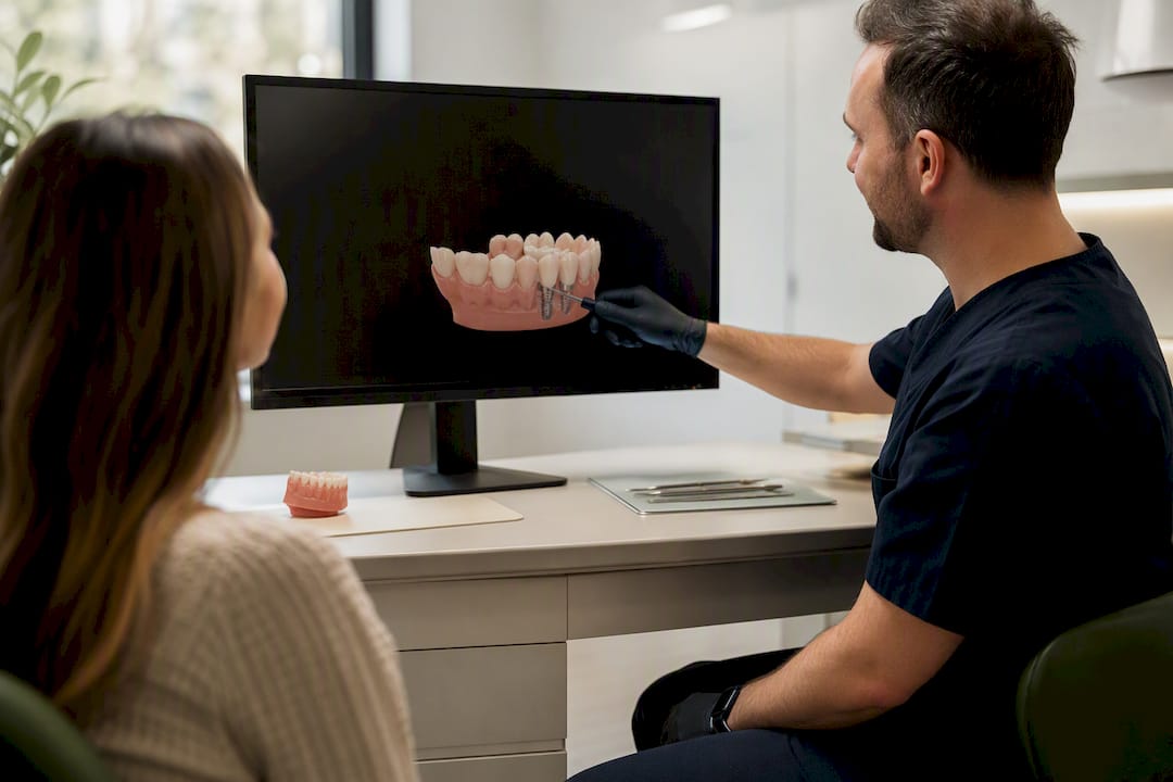 Dentist arătând spre monitorul dentar întunecat