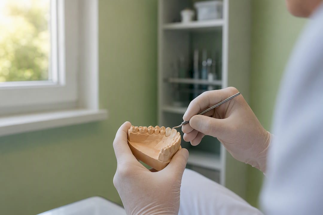 Mâinile unui dentist care ajustează modelul unei coroane dentare