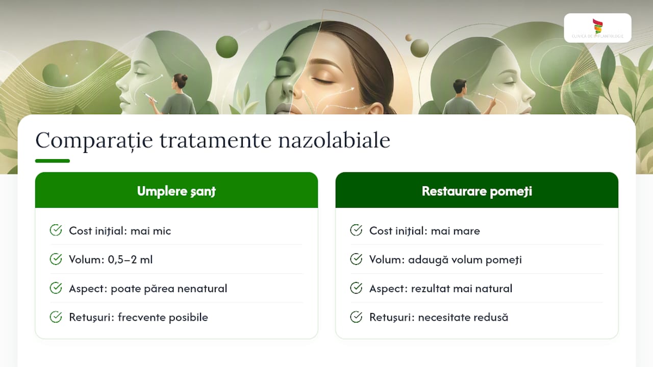 Comparație între umplerea șanțurilor nazolabiale și conturarea pomeților