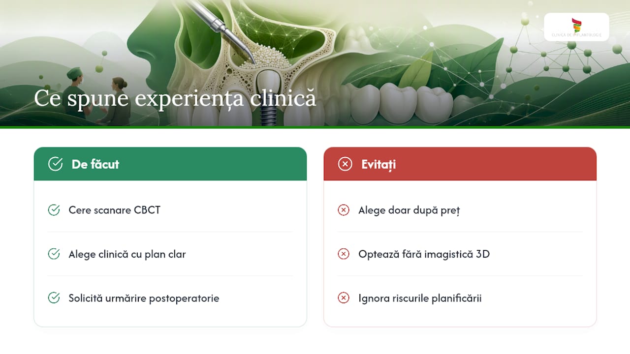 Ridicare sinus pentru implant dentar: cui i se recomandă 3 Ce spune experiența clinică despre miturile ridicării de sinus — overview diagram