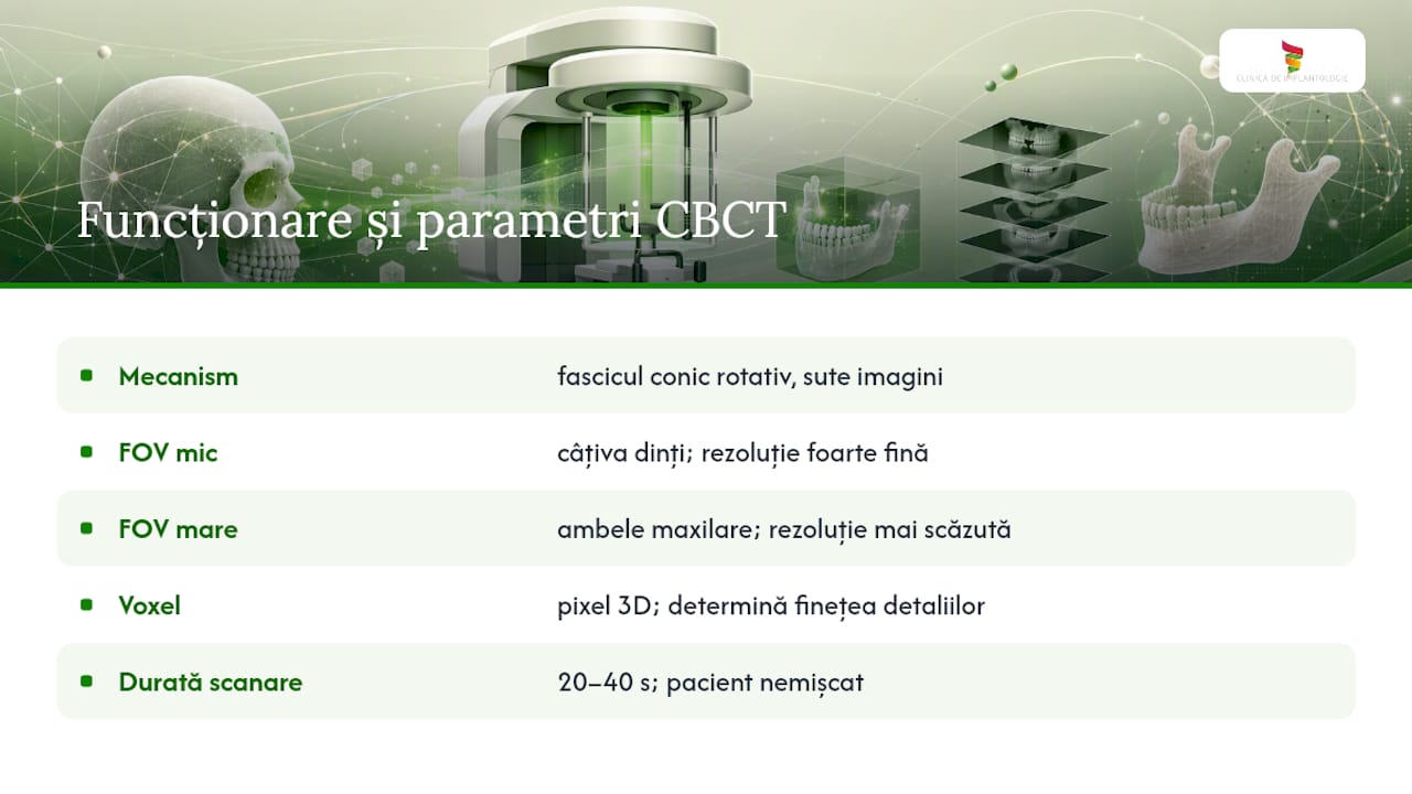 CBCT dentar: ce este, cum funcționează și când e cu adevărat necesar 1 Cum funcționează CBCT: fascicul conic, FOV și voxel — overview diagram