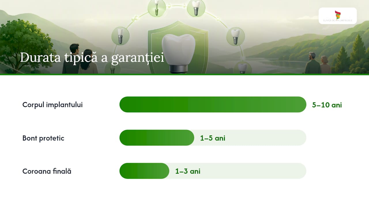 Durata tipică a garanției pentru implant, bont și coroană — overview diagram